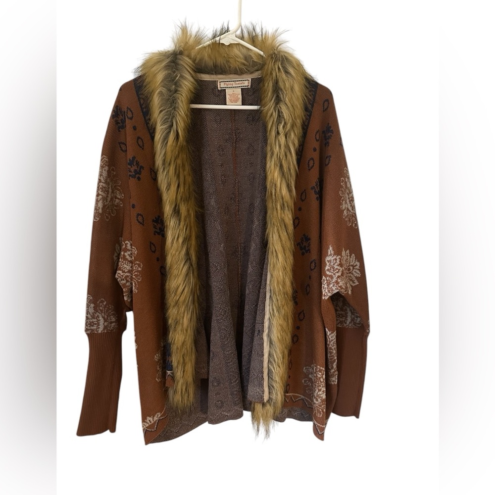 Flying Tomato Brown Cardigan with Faux Fur Trim. Size S - Picture 1 of 2